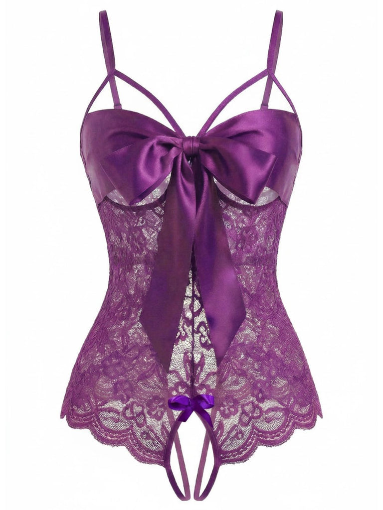 1970er Spitze Satin Bogen Verstellbar Träger Dessous