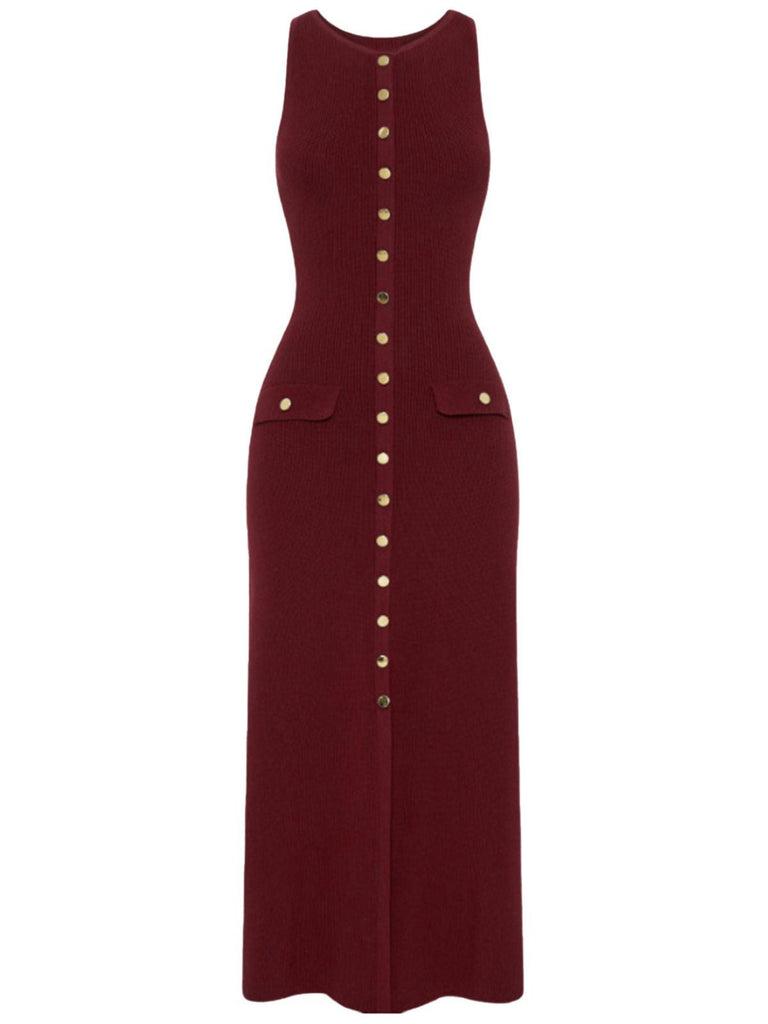 1960er Solide Ärmellos Einreihig Stricken Kleid