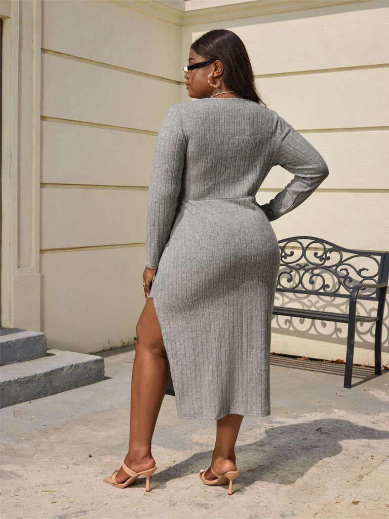 [Übergröße] Hellgrau 1960er Stricken Quadratischer Hals Kleid