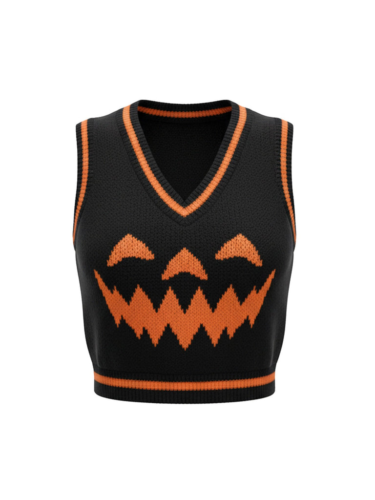 Schwarz 1970er Halloween Kürbis Gesicht Pullover Weste