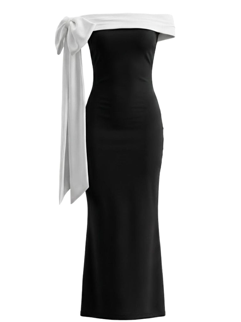Schwarz 1930er Schulterfrei Schleife Körperbetont Maxi Kleid
