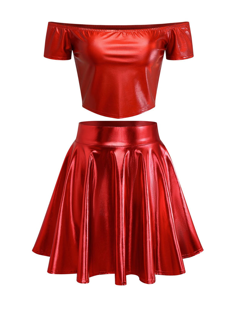 2PCS Metallisch 1970 Disco Schulterfrei Top & Plissiertes Rock