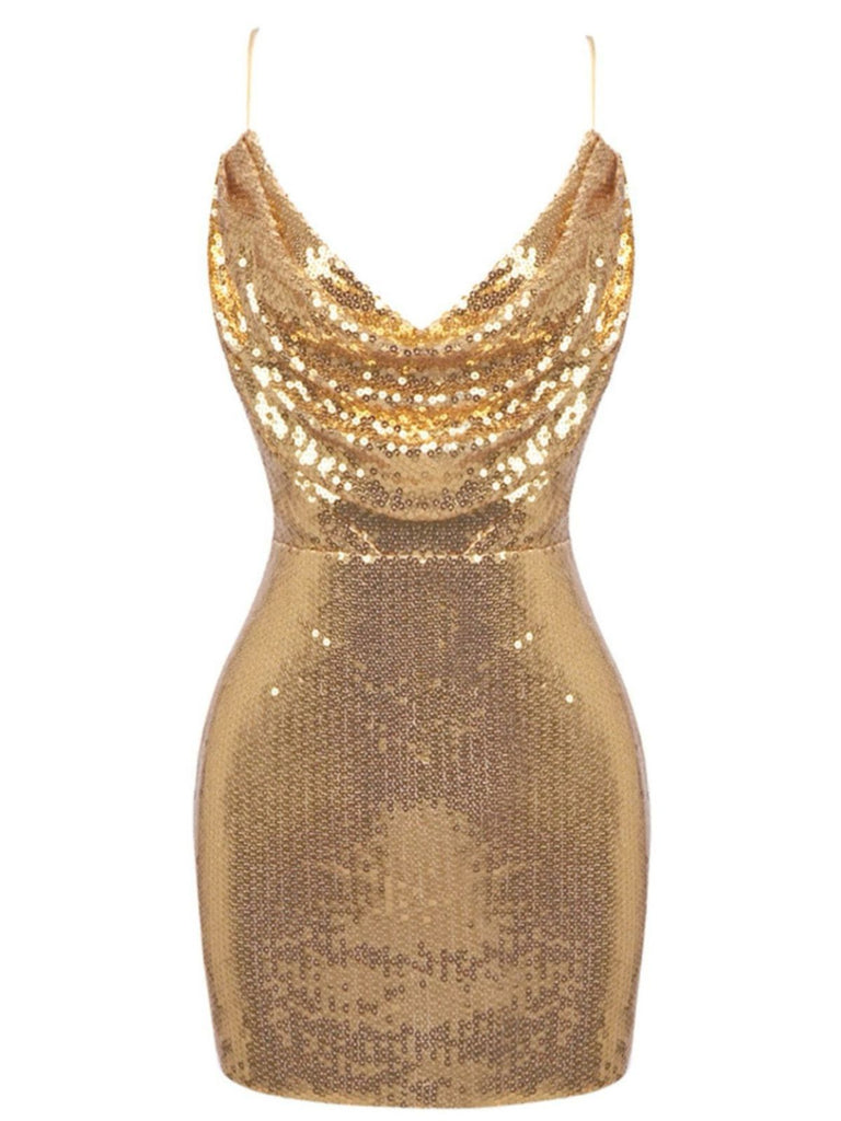 Gold 1970er Solide Pailletten Mini Party Kleid