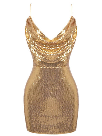 Gold 1970er Solide Pailletten Mini Party Kleid