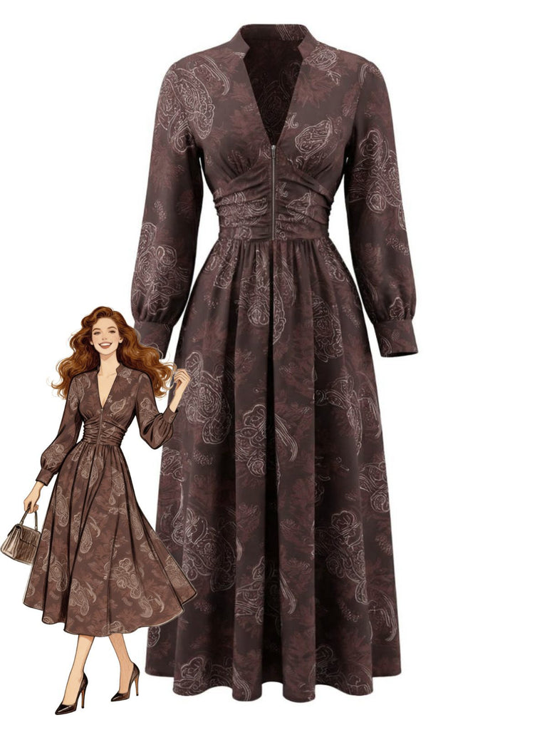 Braun 1970er Boho Paisley Steh V-Ausschnitt Gesmokt Kleid