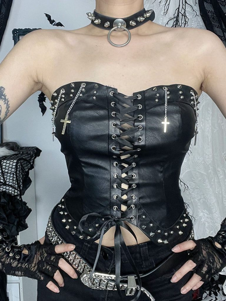 1980er Trägerlos Punk Leder Schnürung Nieten Top