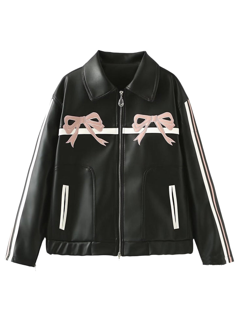 Schwarz 1970er Leder Bogen Revers Jacke