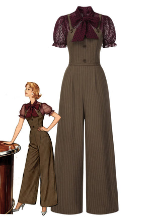 Rot 1930er Netz Patchwork Vertikal Streifen Jumpsuit