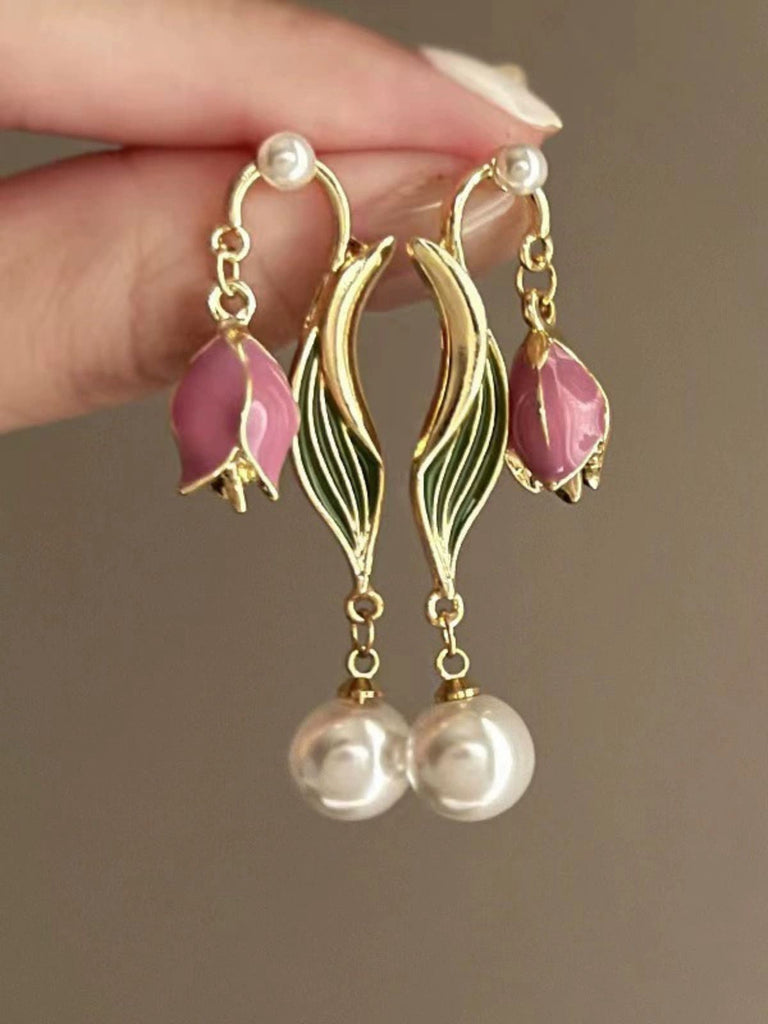 Vintage Rosa Tulpen Perlen Ohrringe