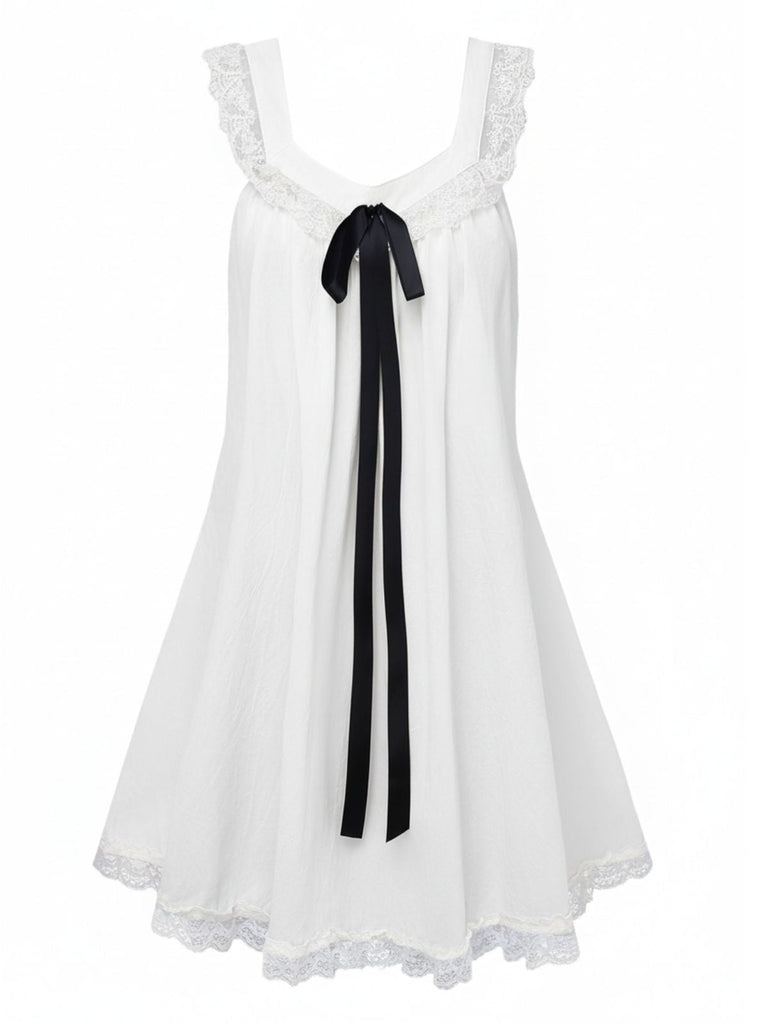 1960er Solide Bogen Rückenfrei Spitze Babydoll Kleid