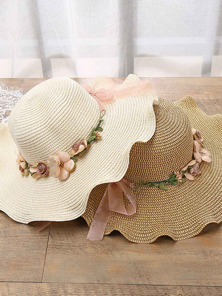 Vintage 3D Blumen Raffia Fransen Krempe Sonnenhut