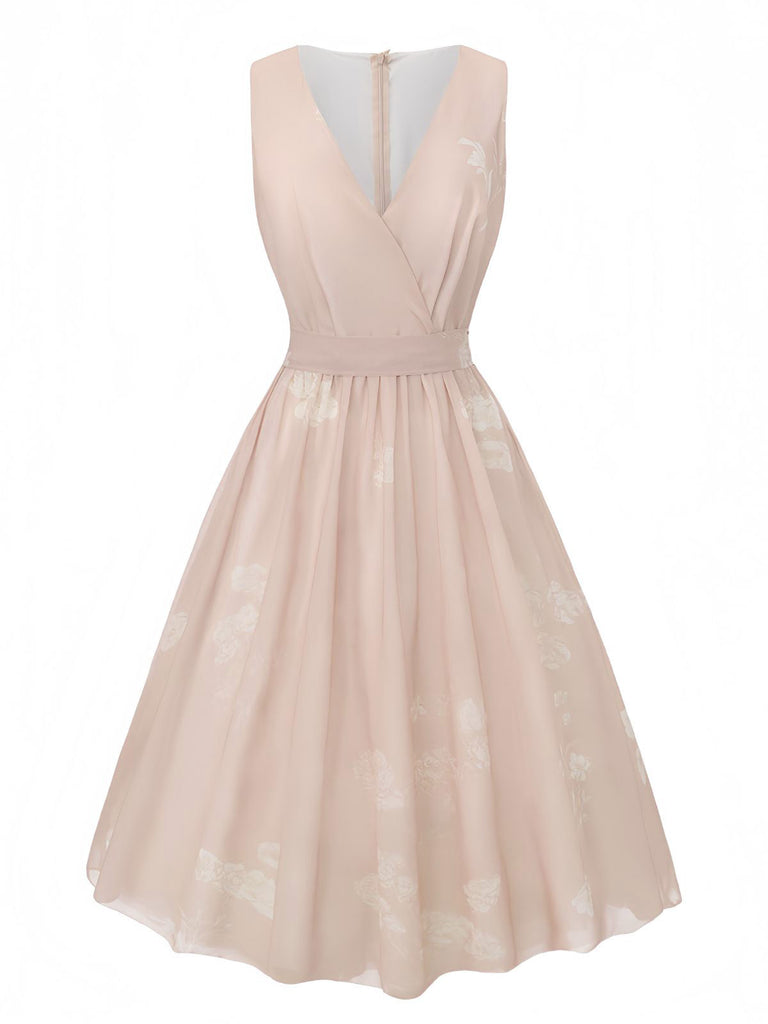 Rosa 1940er V-Ausschnitt Blumen Gürtel Ärmelloses Kleid
