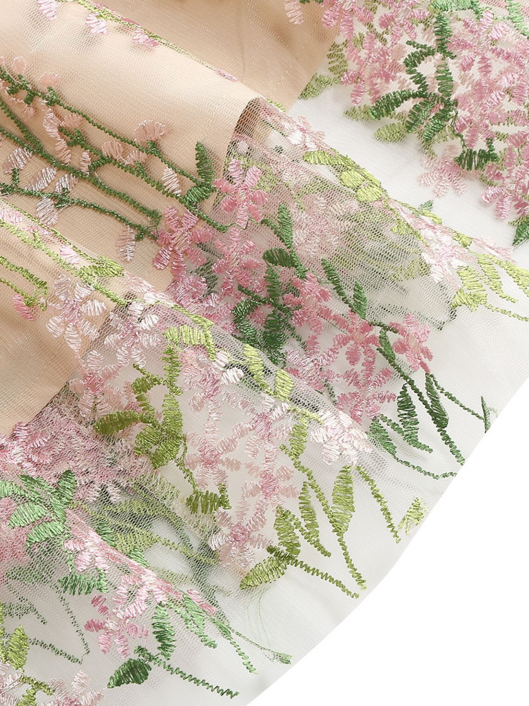 1950er Bestickt Netz Schnürung Herzförmiger Hals Kleid