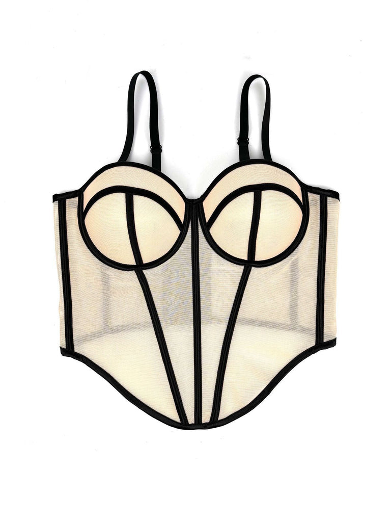 Beige 1980er Sheer Steampunk Fischgräten Korsett