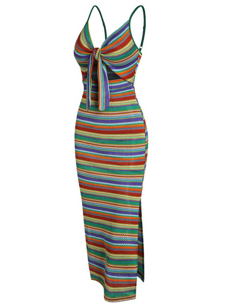 1970er Träger Bunt Streifen Binden Boho Kleid