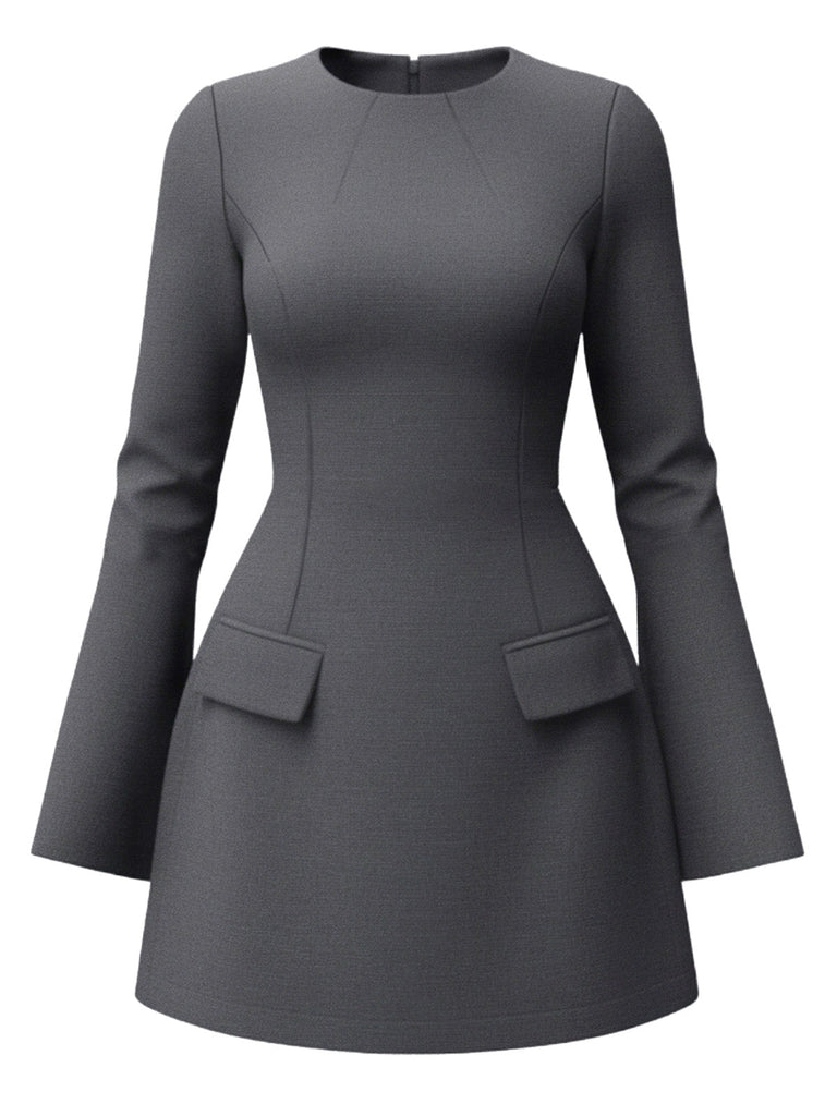 1960er Solide Langarm Faux Taschen Kleid