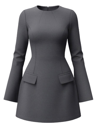 1960er Solide Langarm Faux Taschen Kleid