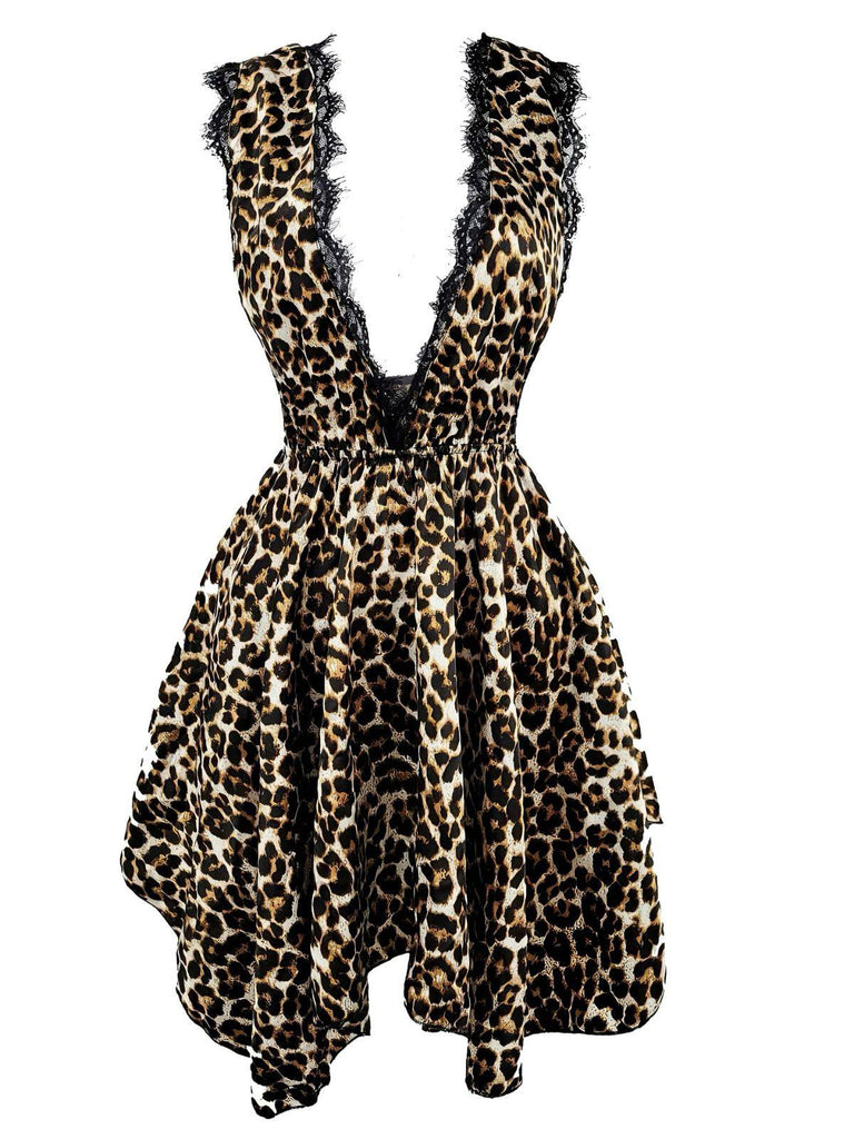 1940er Spitzenbesatz Leopard Satin Tief-V Nachthemd