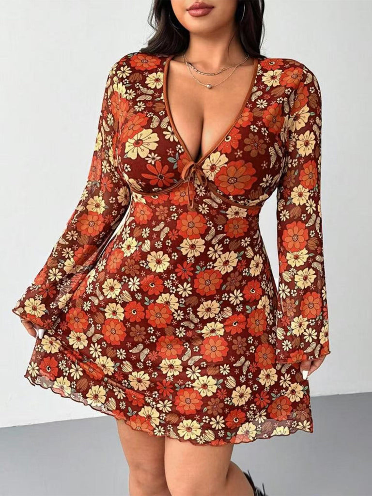 [Übergröße] Orange 1960er V-Ausschnitt Blumen Kleid