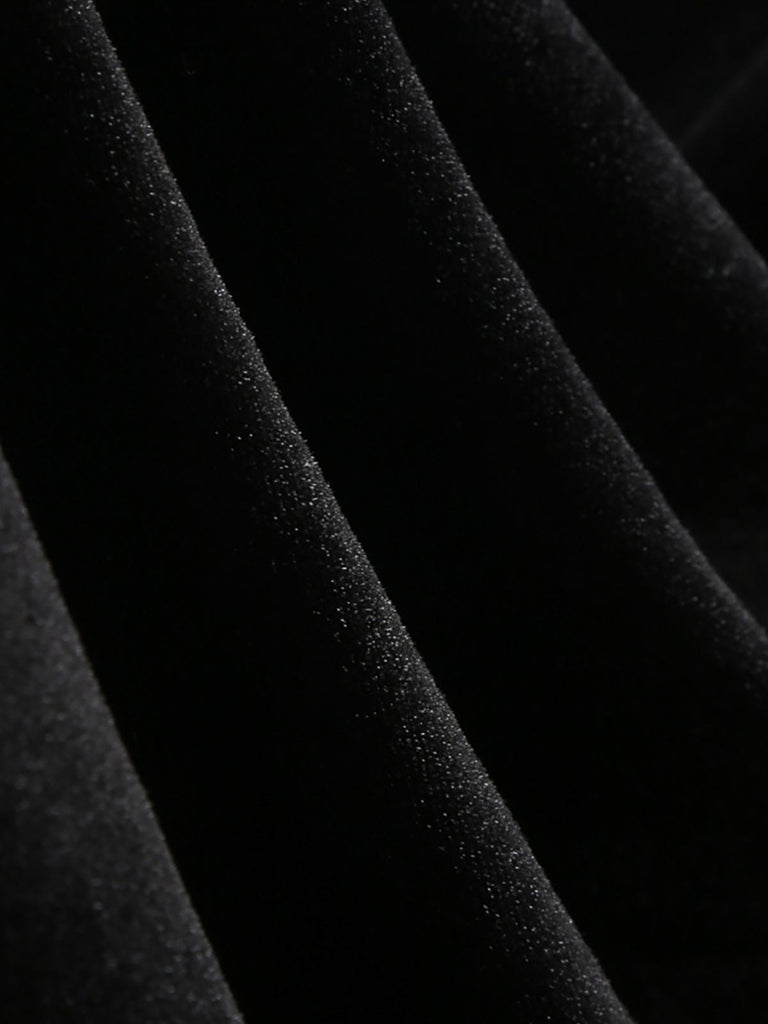 Schwarz 1950er Samt Stricken Kragen Perle Taste Kleid