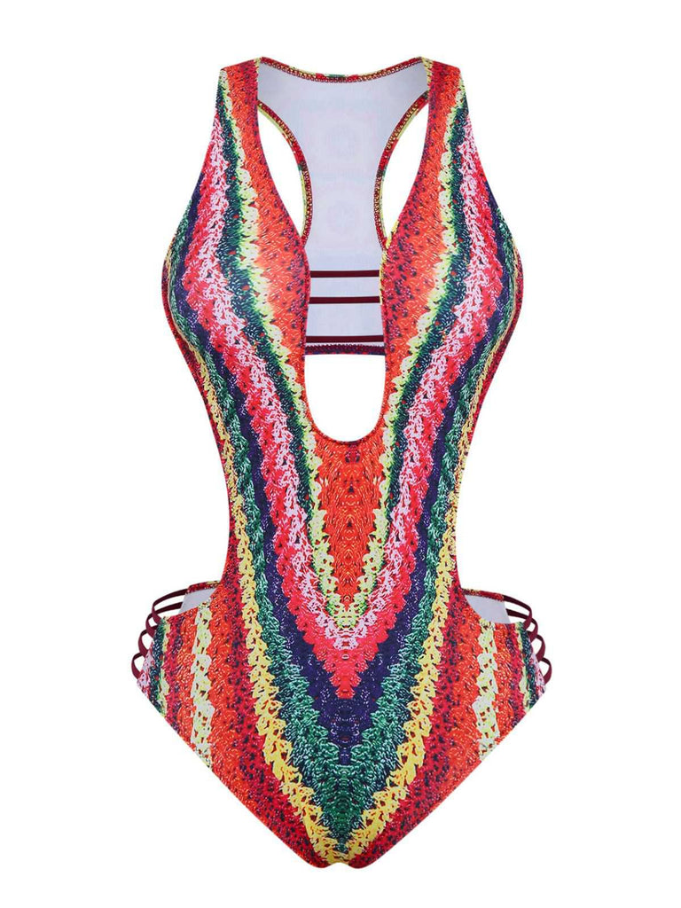 1960er Regenbogen Cutout Riemchen Kunst-Häkel Einteilig Badeanzug