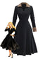 Schwarz 1940er Leopard Kunst Pelz Besatz Gerippt Stricken Kleid