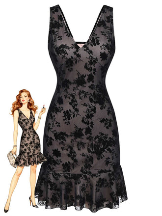 Schwarz 1960er Blumen Beflocktes Netz Rüschensaum Kleid