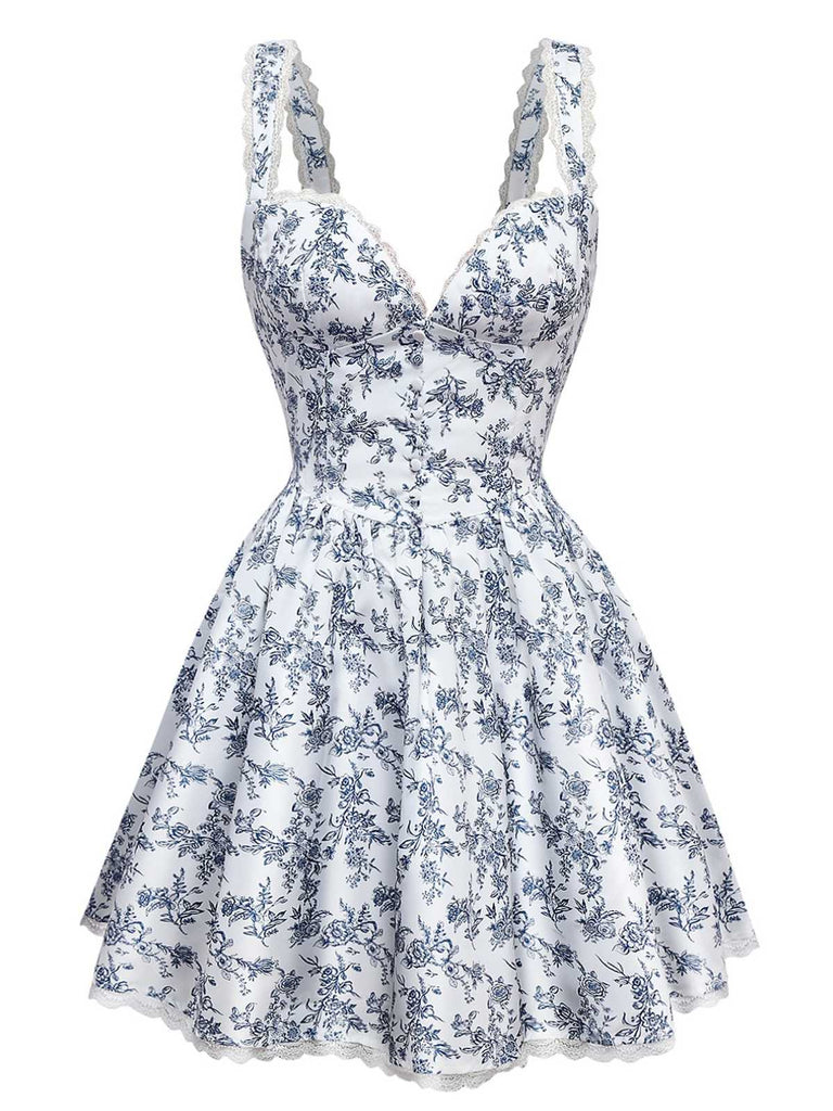 Blau 1950er Träger Blumen Spitze Korsett Kleid