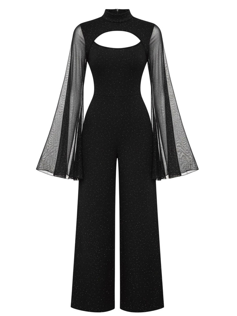 Schwarz 1930er Glitzernd Cutout Jumpsuit mit Umhang