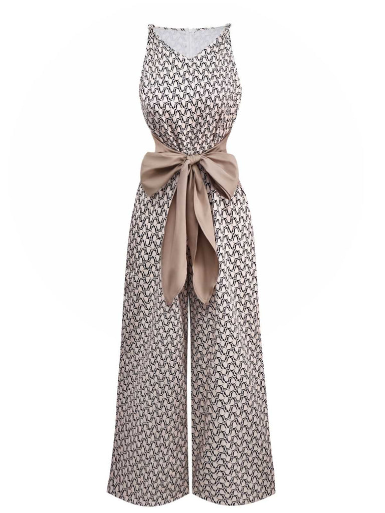 1970er Ärmellos Geometrischer Druck Taille-Bogen Jumpsuit