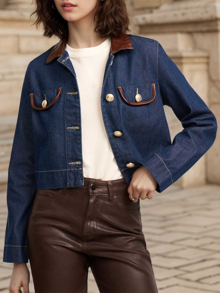 Blau 1950er Leder Rever Tasche Denim Jacke