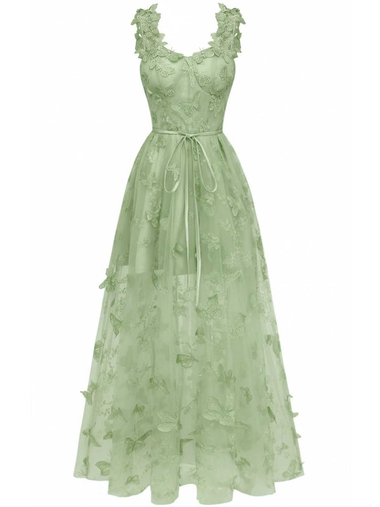 1930er Spaghetti Träger 3D Schmetterlinge Netz Maxi Kleid