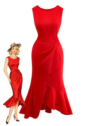 Rot 1960er Rüschensaum Asymmetrisch Ärmellos Kleid