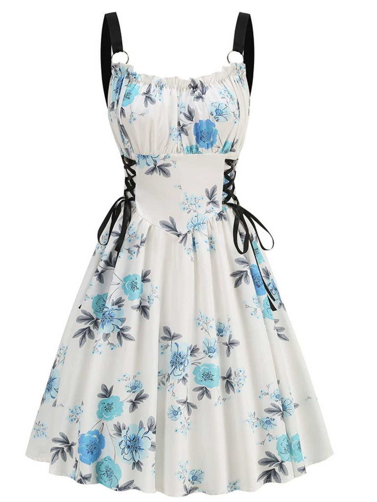 1950er Träger Blumen Schmetterlinge Schnürung Korsett Kleid