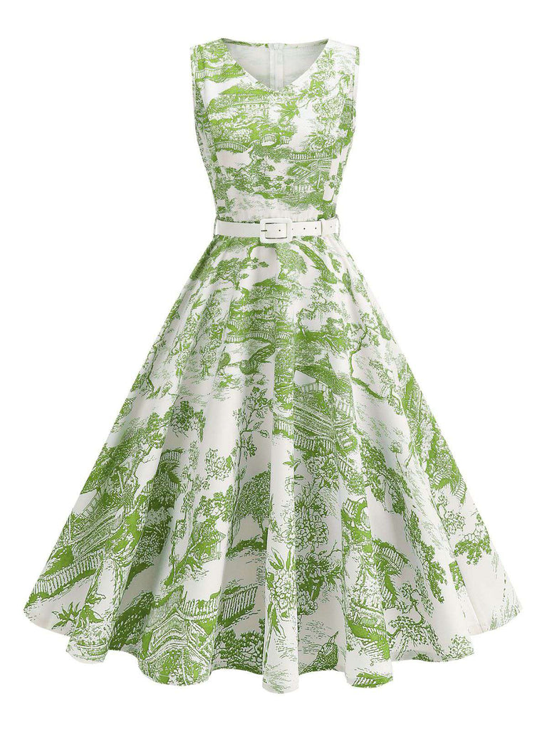 1950er Porzellan Landschaft Ärmellos Gürtel Kleid