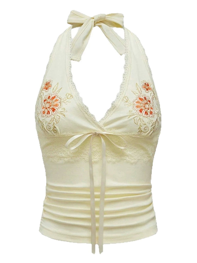 Elfenbein 1980er Bestickt Spitze Blumen Halter Top