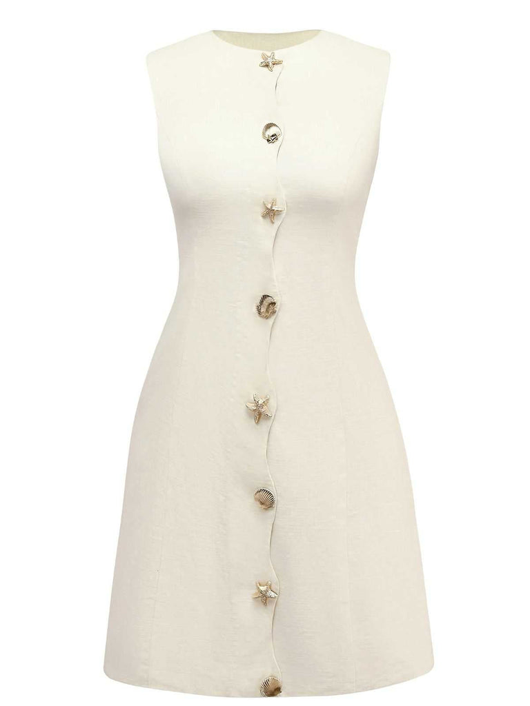 Beige 1960er Seestern Hülse Tasten Ärmellos Kleid