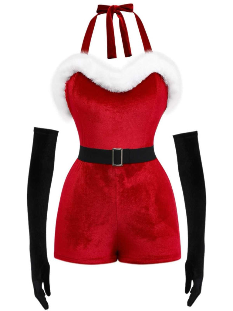 1970er Weihnachten Samt Faux Fur Trim Halter Romper Set