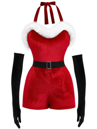 1970er Weihnachten Samt Faux Fur Trim Halter Romper Set