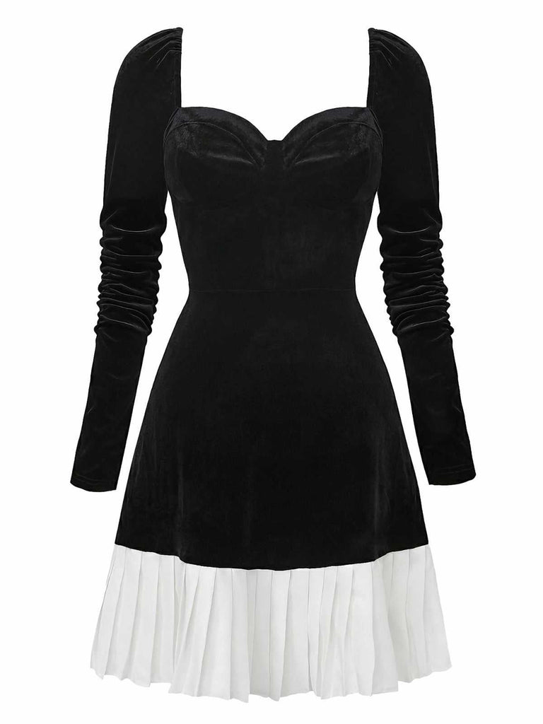Schwarz 1960er Herzförmiger Hals Samt Plissiertes Saum Kleid