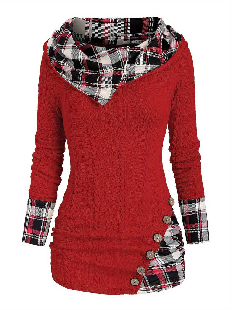 1940er Stricken Plaid Tasten Hooded Pullover