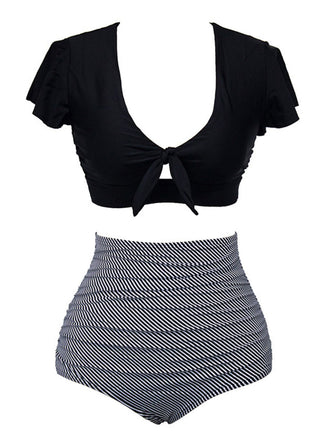 [Große Größen] 1950er Rüschenärmel Schnürung Patchwork Badeanzug