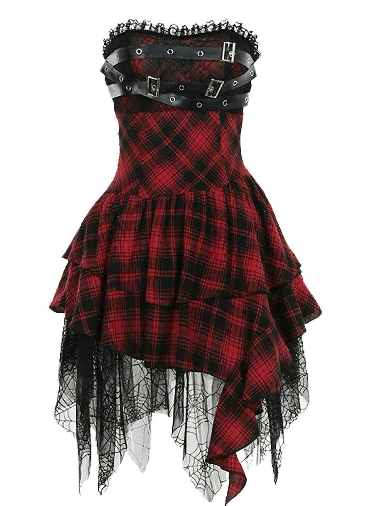 Rot 1970er Spinnennetz Netz Tartan Trägerlos Kleid