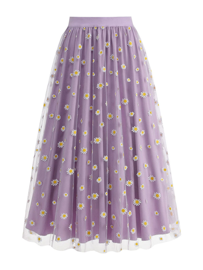 1940er Gänseblümchen Netz Hohe Taille A-Linie Rock