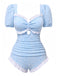 Blue 1940er Kleine Blumen Rüschen Badeanzug