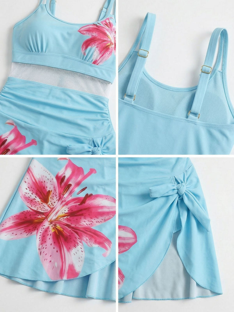 1940er Blumen Riemchen Rundausschnitt Schnür Netz Schwimmkleid