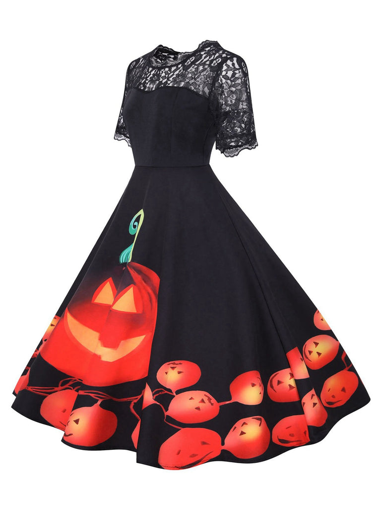 Schwarz 1950er Halloween  Kürbis Spitze Ärmel Patchwork Kleid