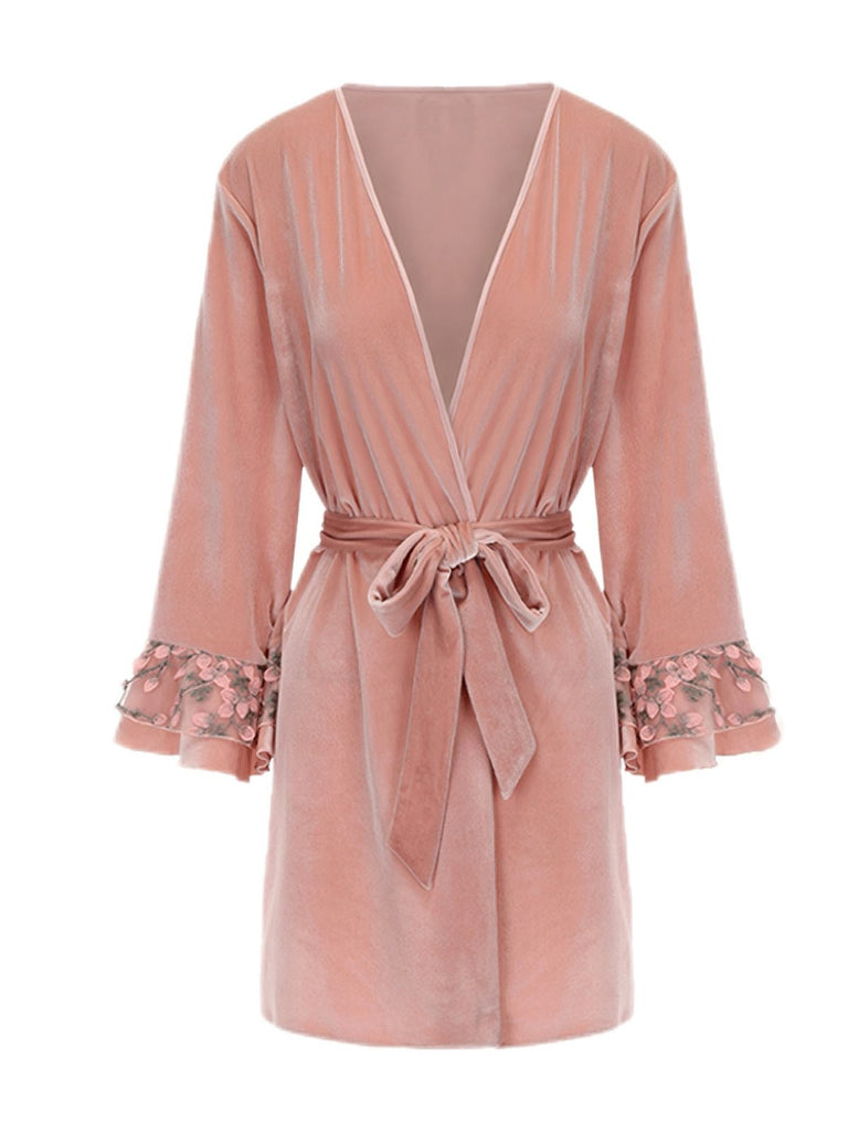 Rosa 1980er Blumen Cuff Samt Gürtel Robe