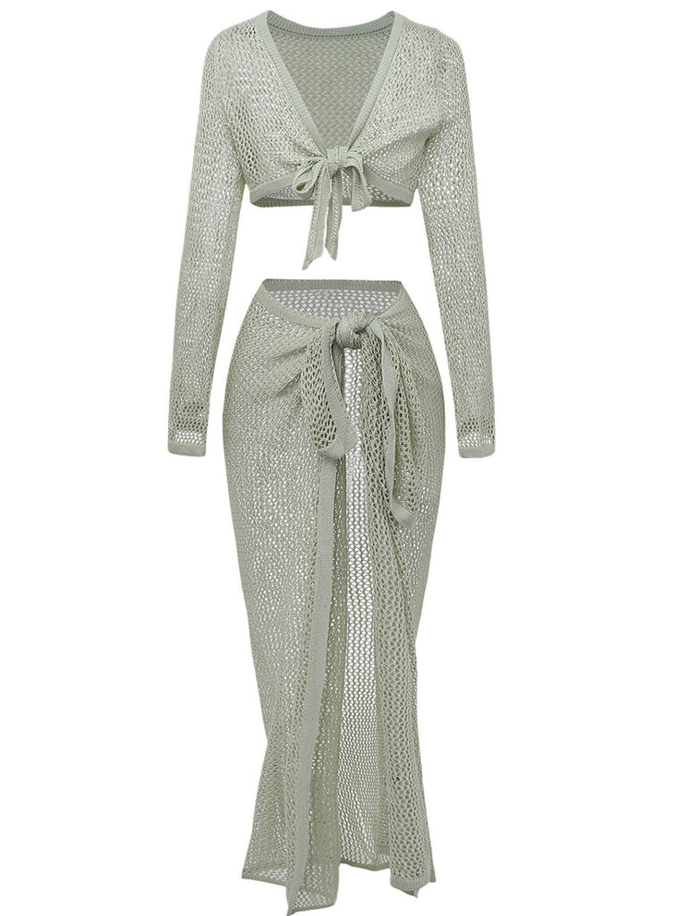 2PCS 1960er Häkel Langarm Strand Cover-Up Set