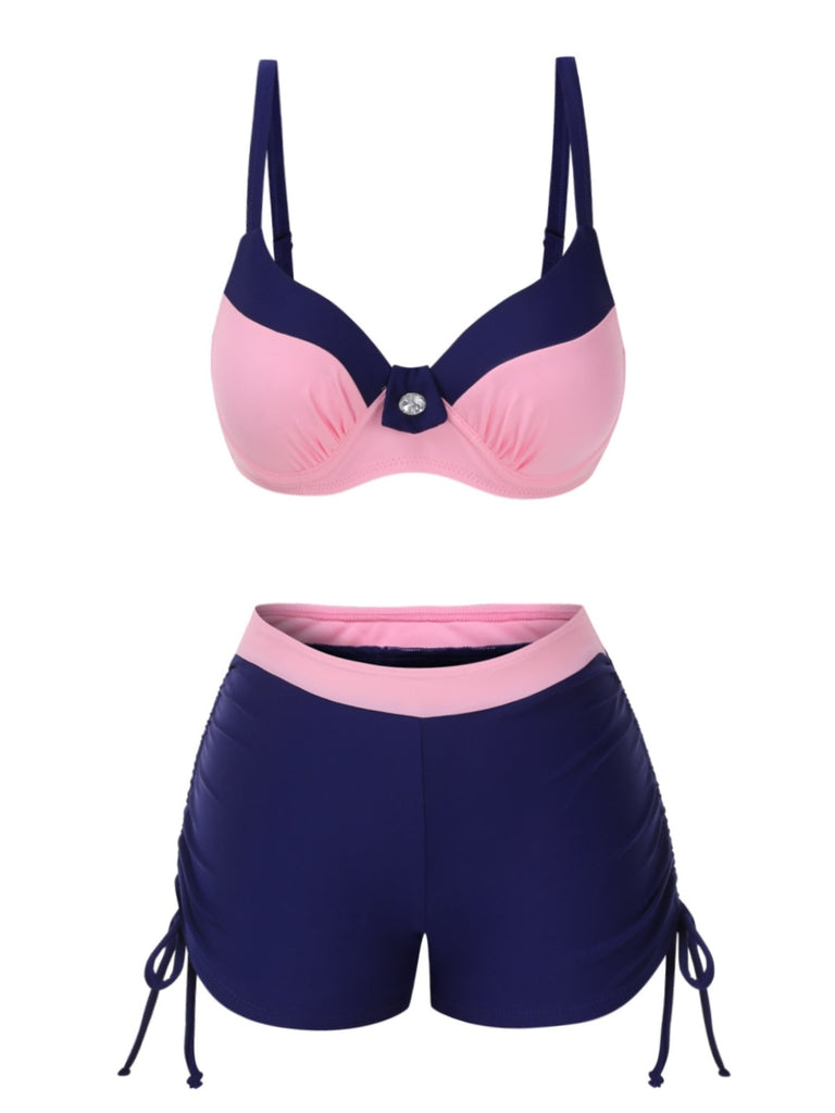 Rosa & Blau 1940er Träger Diamant Schnürung Bikini Set